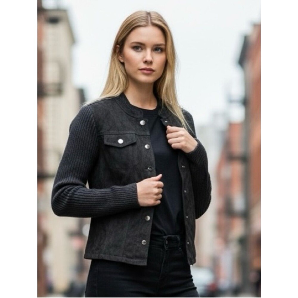 Ruff Hewn Faux Suede Sweater Jacket Black Women M Bikercore Great Shape